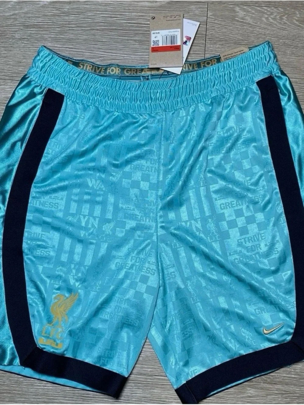 Nike Men’s Athletic Shorts Aqua Blue with Black Trim and Gold Accents